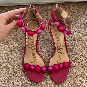 Sam Edelman Pink and Gold Ankle Strap Stilettos with poms. Size 6. Worn once.